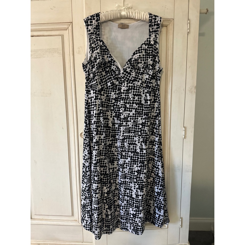 I.E.WOMAN Black White Polka Dot V-Neck Sleeveless Midi Dress Empire Waist